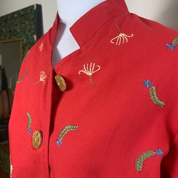 Coldwater Creek Size PM Petite Embroidered Floral Details Jacket Red Pockets - Picture 6 of 13